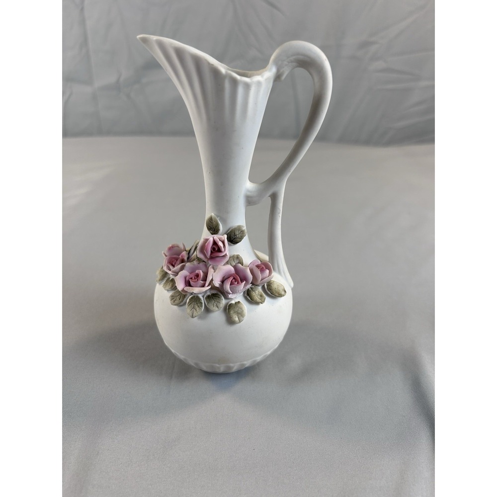 Vintage Porcelain Pitcher Vase Pink‎ Roses Floral Ewer White Ceramic 7"